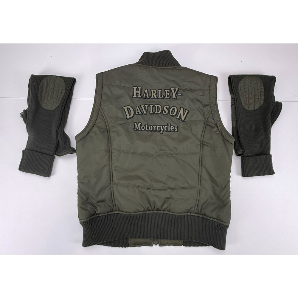 Harley Davidson Womens Convertible Jacket Vest Zip Off Sleeves Olive Motorcycle - Picture 7 of 7